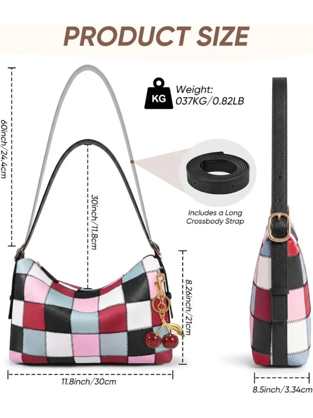 Cute Checkered Vegan Leather Hobo Bag for Women - Stylish Cherry Shoulder Purse
